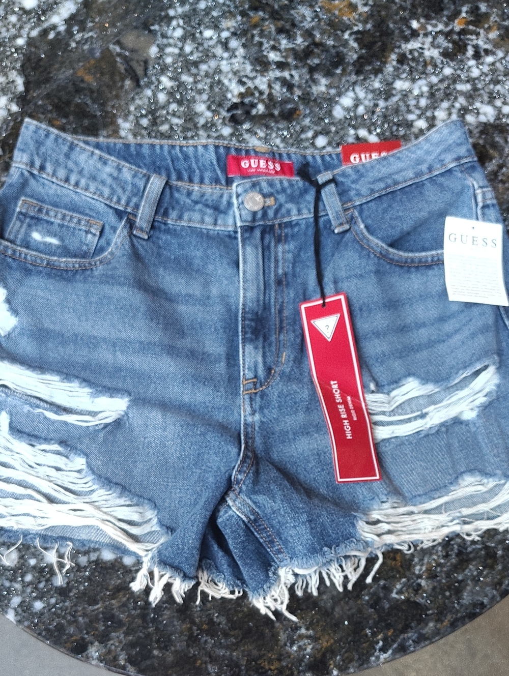 GUESS Women's Distressed High-Rise Denim Shorts in Blue with Red Tag